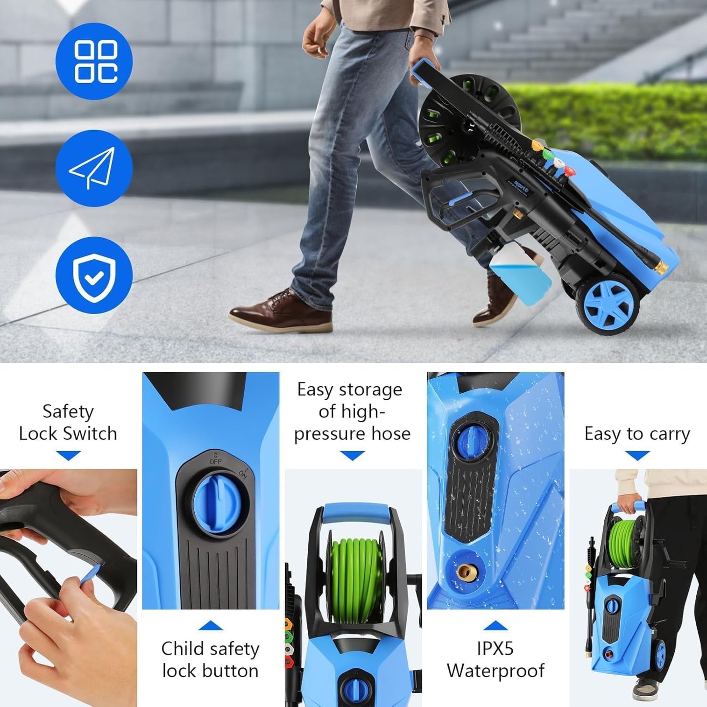 Electric Pressure Washer 5000 PSI,2.8 GPM Power Washer with Foam Cannon,Portable Cleaner with 33ft Hose Reel,4 Nozzle Tips,and Soap Bottle for Cars/Home/Driveways/Patios/Decks/Fences