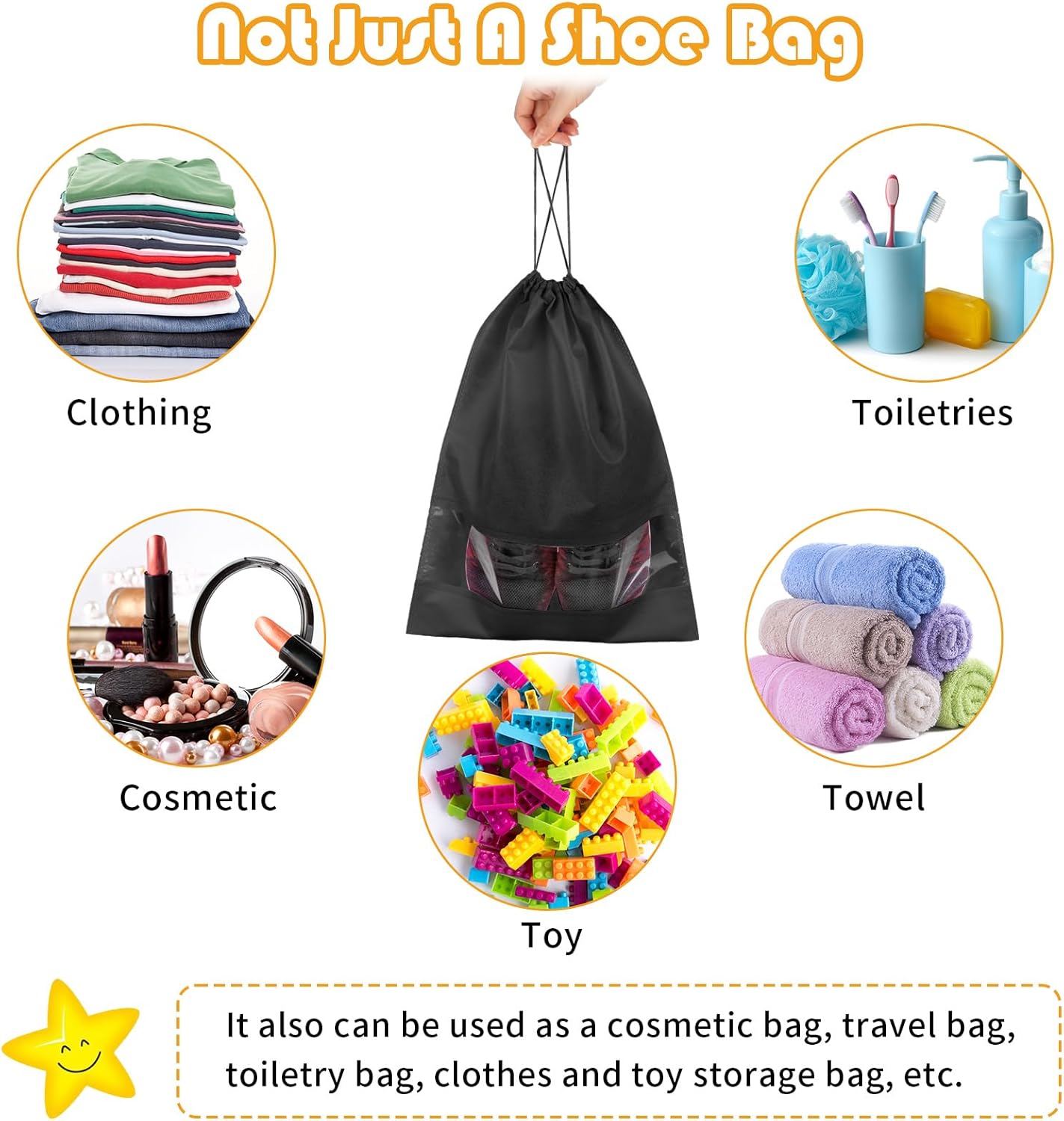 Large Black Travel Shoe Bags - 10 Pcs with Clear Window, Non-Woven Drawstring, 12.6" X 17.3" for Men Women