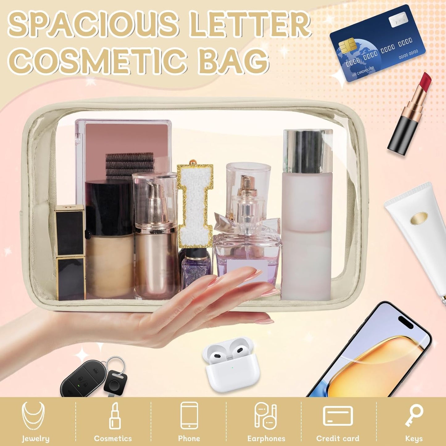 Personalized Initial Clear Makeup Bag, Travel Chenille Patch Cosmetic Bag, Preppy Toiletry Bag Monogram Cosmetic Pouch with Zipper, Ideal Gift for Teen Girls Women (Clear-Beige, I)