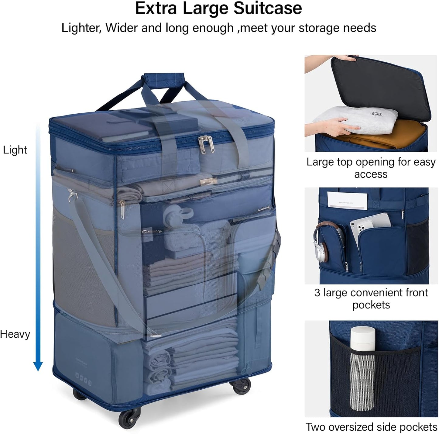 Hanke Expandable Collapsible Luggage with Wheels Suitcase Luggage Rolling Travel Bag Duffel Bag for Men Women Lightweight Suitcase Large Capacity with Spinner Wheel (Blue)
