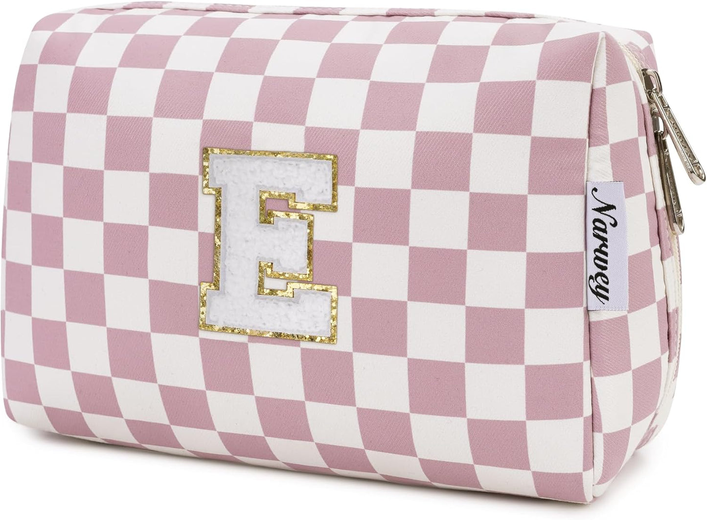Narwey Birthday Gifts for Teen Girls Kids Women Personalized Initial Checkered Makeup Bag Pink Monogram Cosmetic Bag Trendy Stuff 6 8 10 11 12 13 14 16 18 Years Old Travel Toiletry Bag (Dusty Rose J)