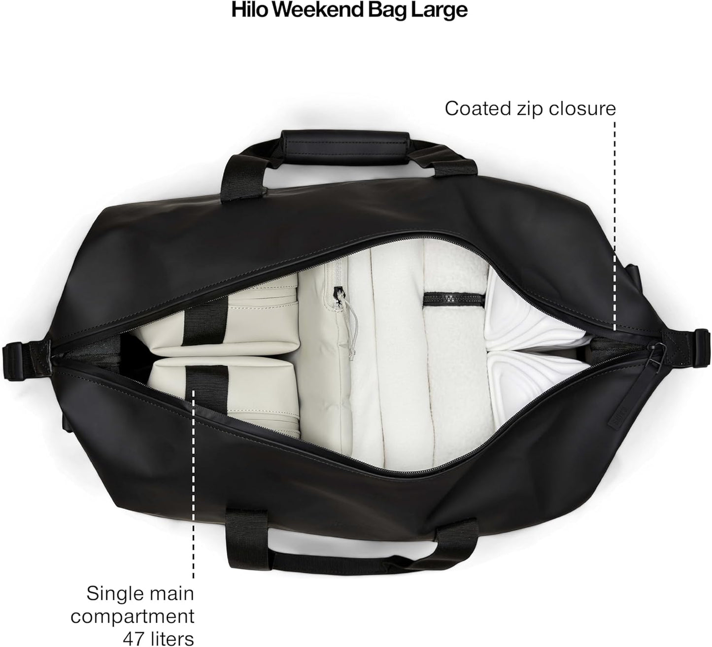 RAINS Hilo Weekend Bag Large - Black Waterproof Travel Duffel for Men and Women - Duffle with Coated Zip, Compression Straps, Adjustable Strap