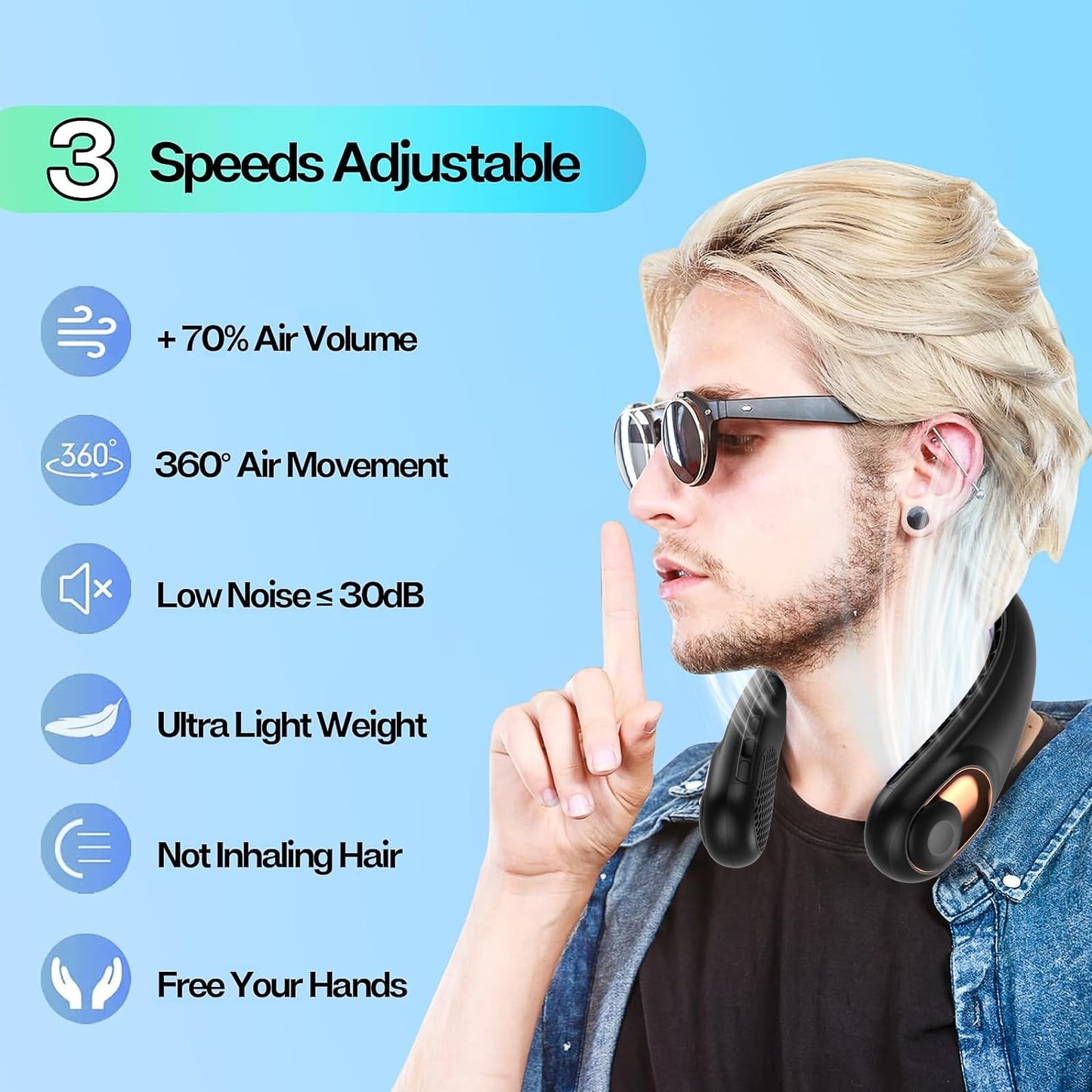 KIDEE Neck Fan, Portable Bladeless Neck Fans, Upgrade 360° Airflow, Super Quiet, 3 Speeds, 4000mAh