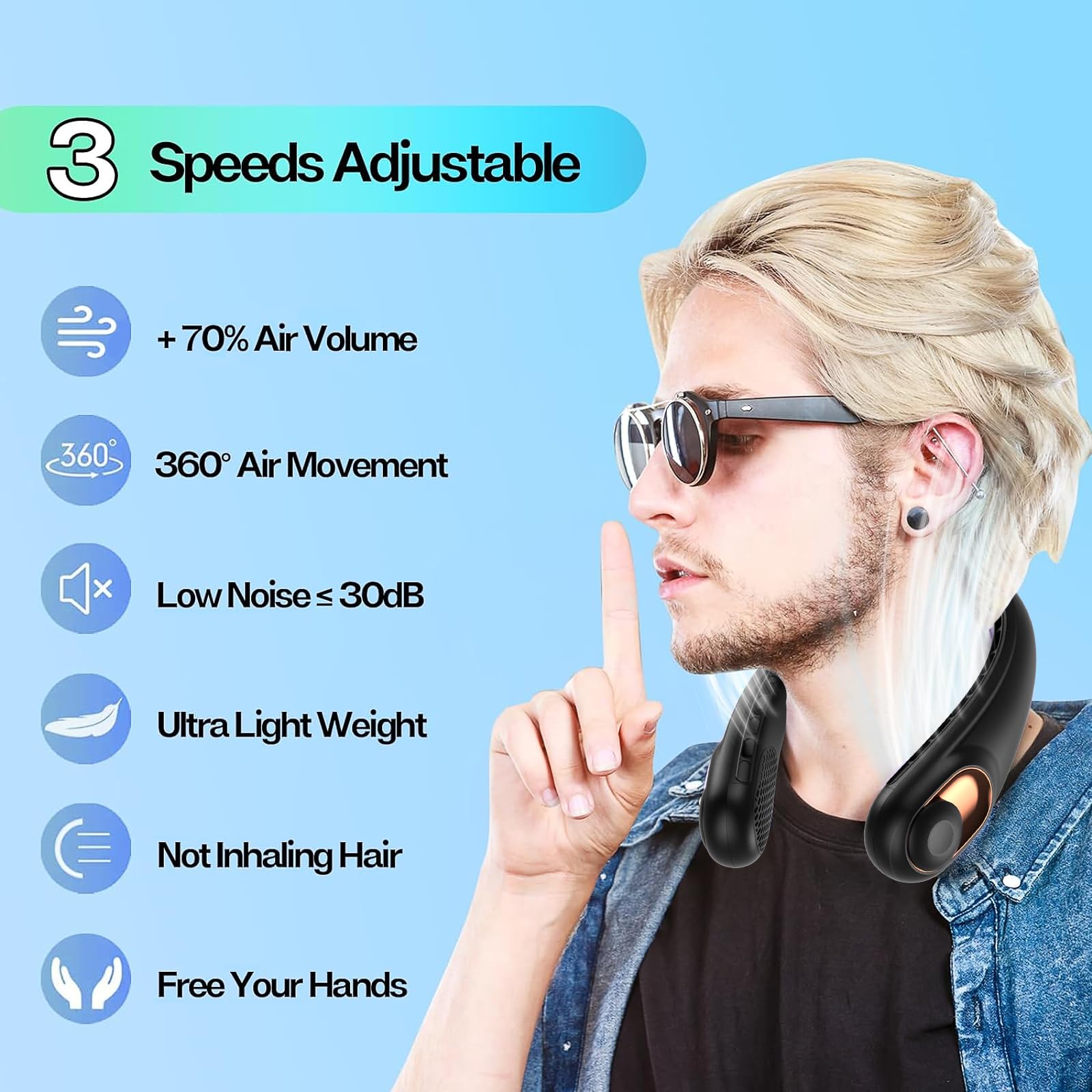 KIDEE Neck Fan, Portable Bladeless Neck Fans, Upgrade 360° Airflow, Super Quiet, 3 Speeds, 4000mAh