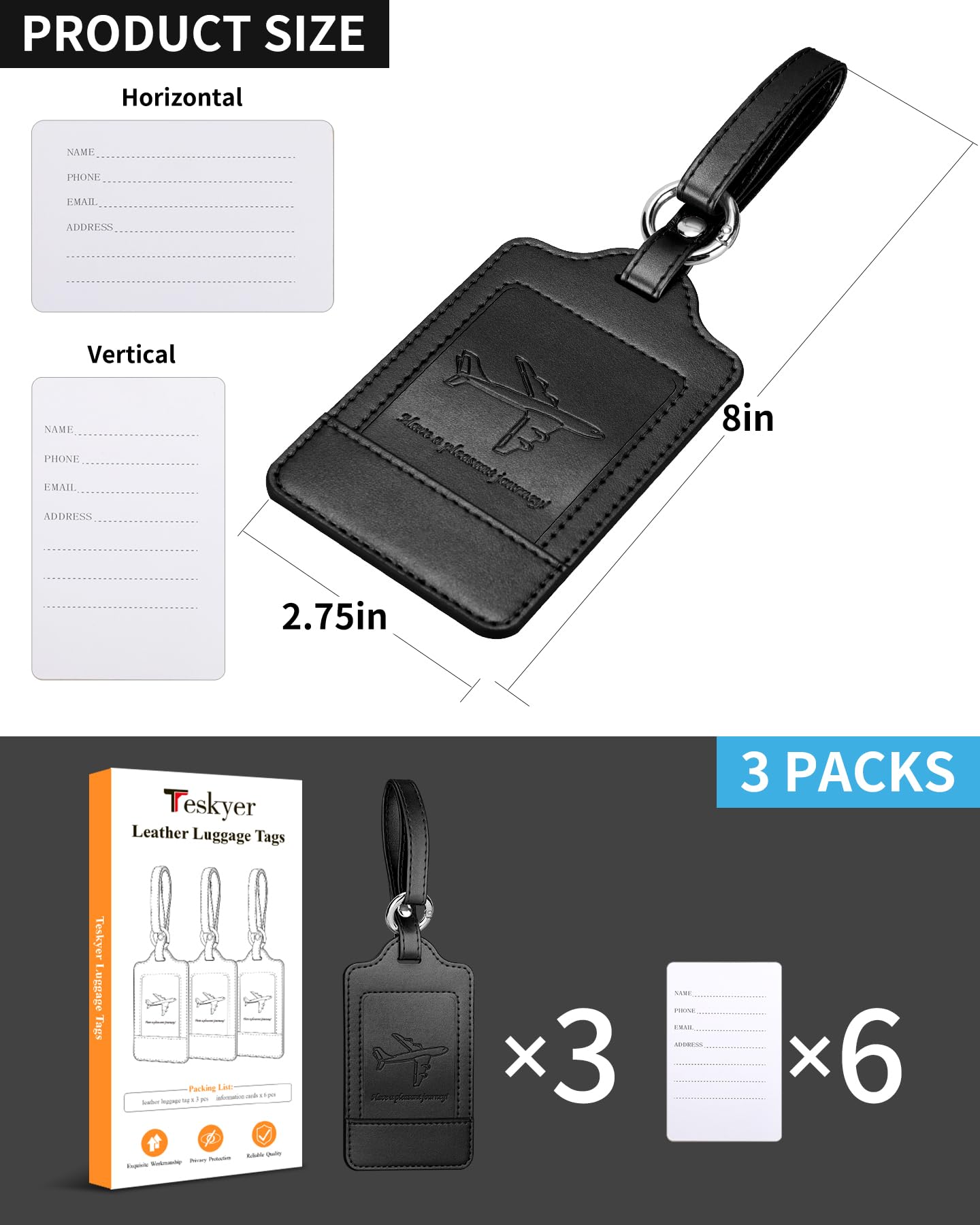 Teskyer Leather Luggage Tags for Suitcases, 3 Pack, Black