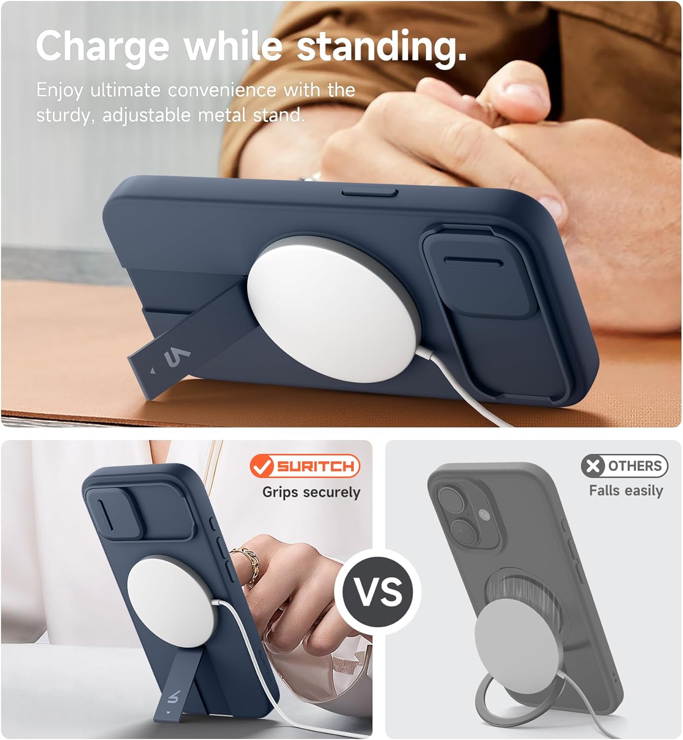 SURITCH for iPhone 16e Case with Magnetic Camera Slide Cover and Adjustable Kickstand, Compatible with MagSafe, Shockproof Bumper Case Slim Protective Cover 6.1 Inch,Blue