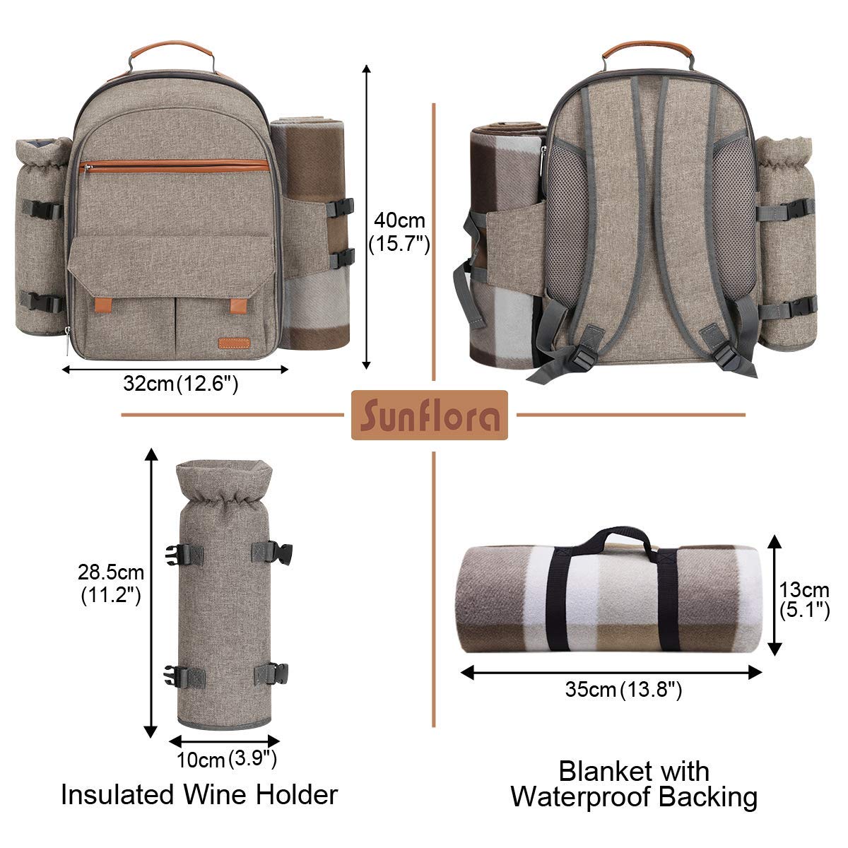 Sunflora Picnic Backpack for 4 Person Set Pack with Insulated Waterproof Pouch for Family Outdoor