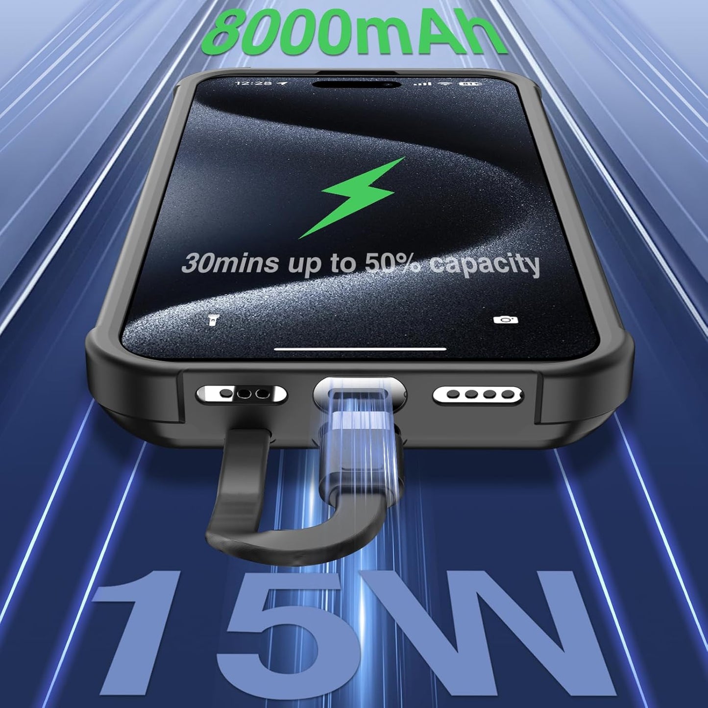 GIN FOXI Fast Charging Battery Case for iPhone 15 Pro Max/15 Plus, 8000mAh 15W Ultra Slim Charger Case Rechargeable Portable Extended Power Bank Case Cover Battery Pack Built-in Cable, Black (6.7”)