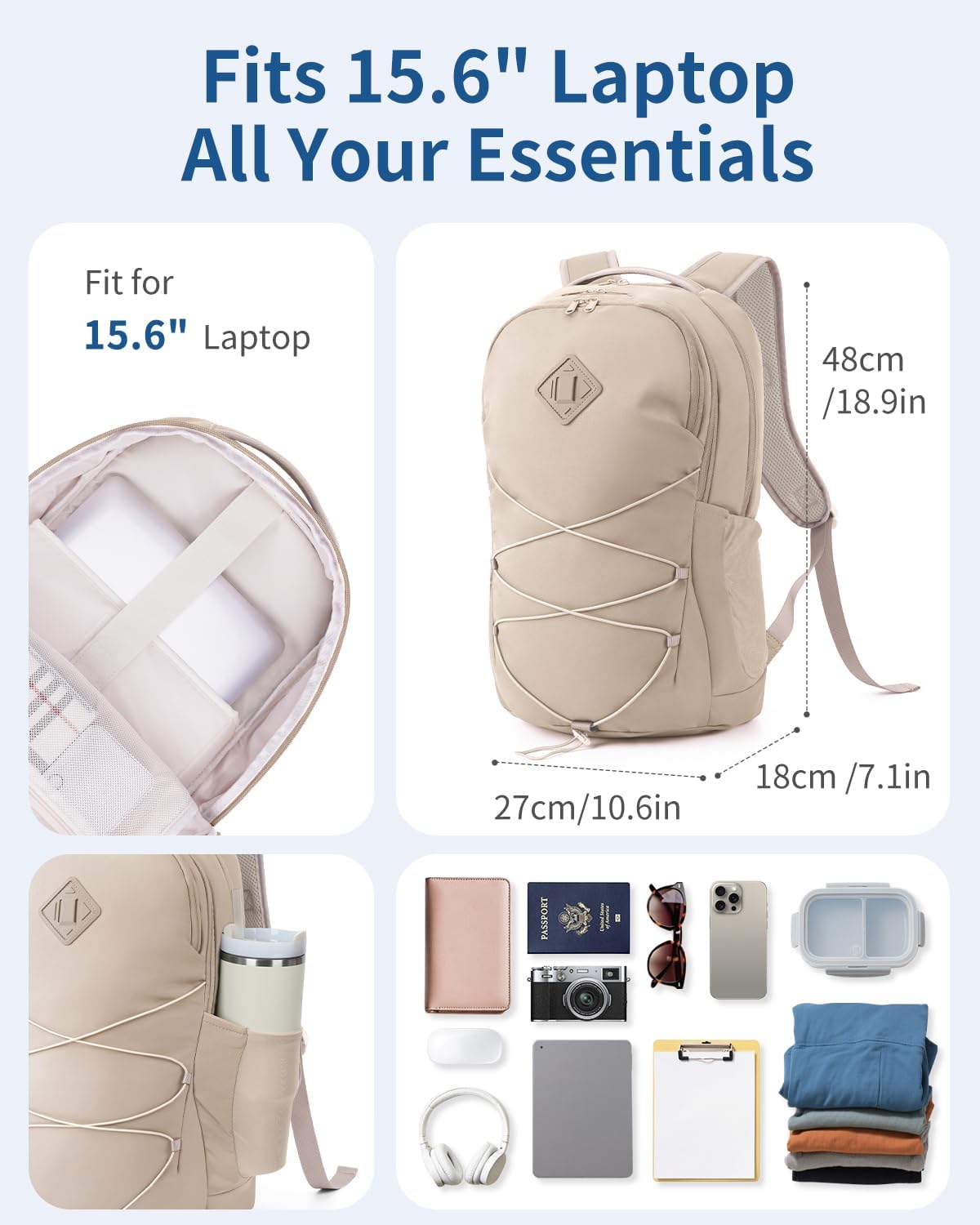 WANDF 15.6-Inch Laptop Backpack for Women, Travel Backpack Water-Resistant Lightweight College Backpack for Work Casual Business Weekender (Khaki)