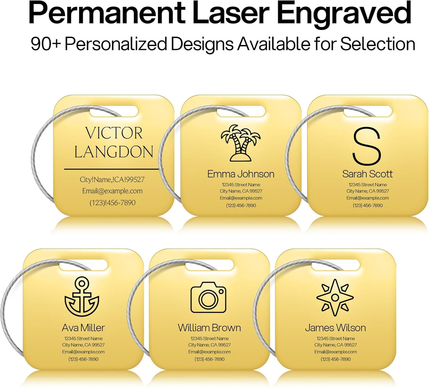 Initial Personalized Luggage Tags for Suitcases - Laser Engraved Stainless Steel Custom Name ID Tag for Backpack and Bag Kids, Women - Metal Baggage Tags Travel Essentials Accessories(Square-Gold)