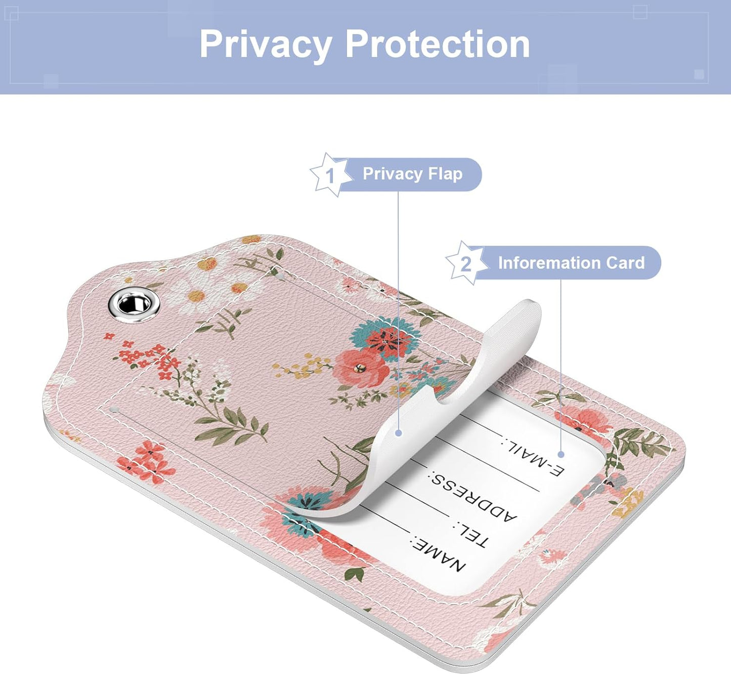 2 Pack PU Leather Luggage Tags for Suitcase, Travel Cruise Luggage Tag with Privacy Flap, Name ID Label and Metal Loop for Women Men Baggage Handbag School Bag Backpack, Daisy Flowers