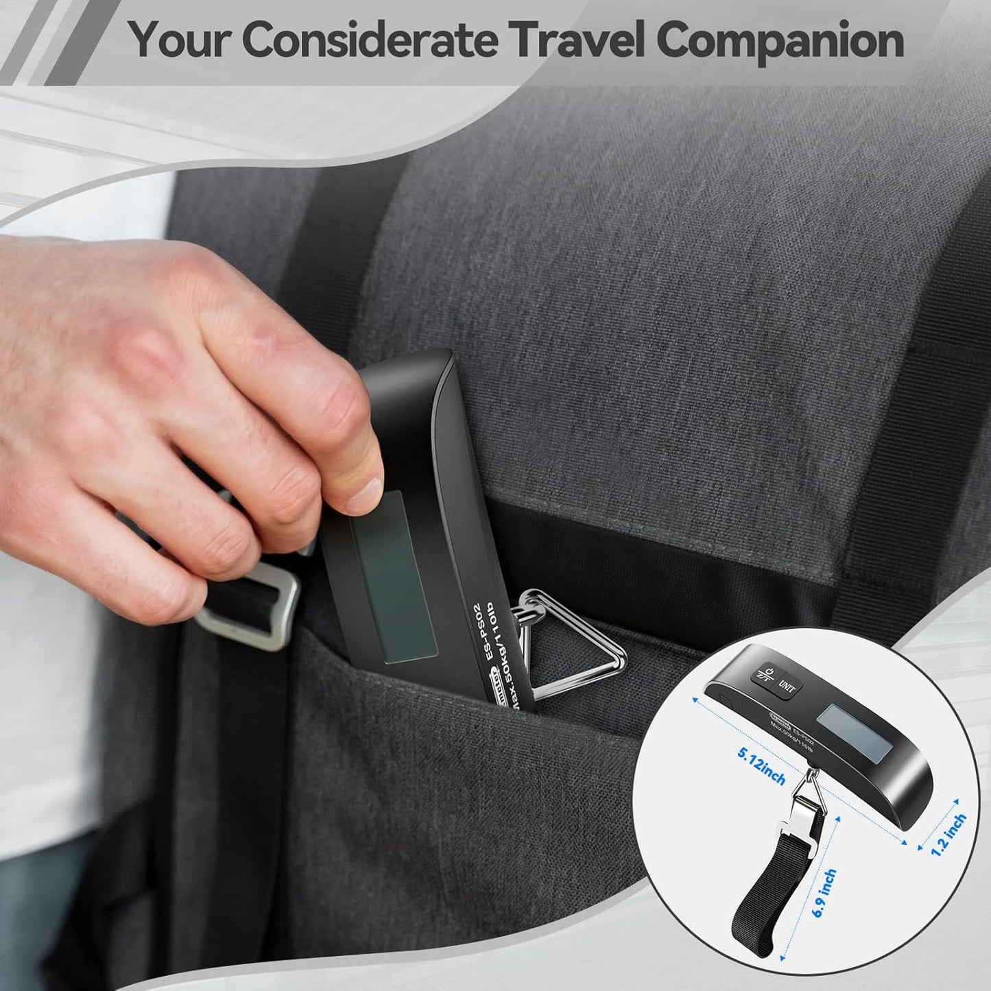 Luggage Scale, Travel Essentials, Digital Backlight LCD Display Handheld Suitcase Scales for Travel Accessories with Rubber Paint, Temperature Sensor 110 Pounds, Battery Included, Black
