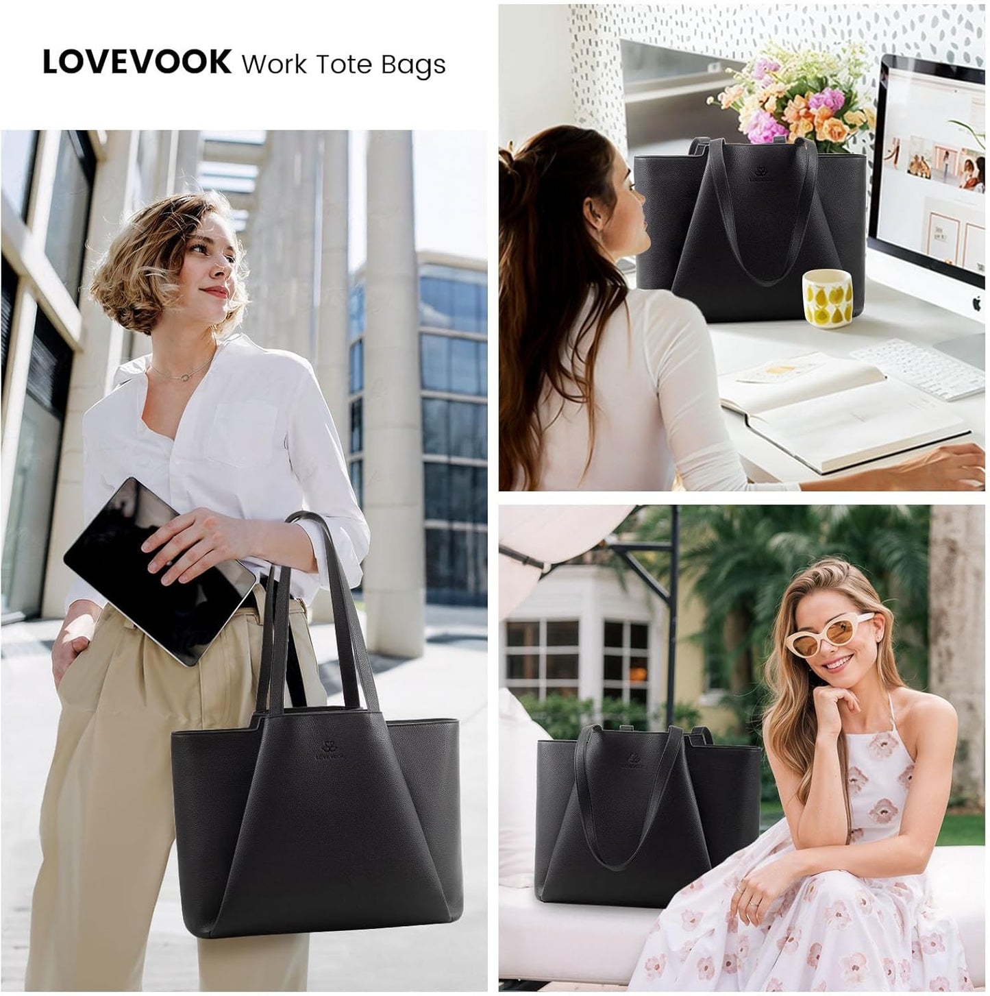 LOVEVOOK Laptop Tote for Women - 15.6 Inch Faux Leather Laptop Bag with Clutch, Large Capacity