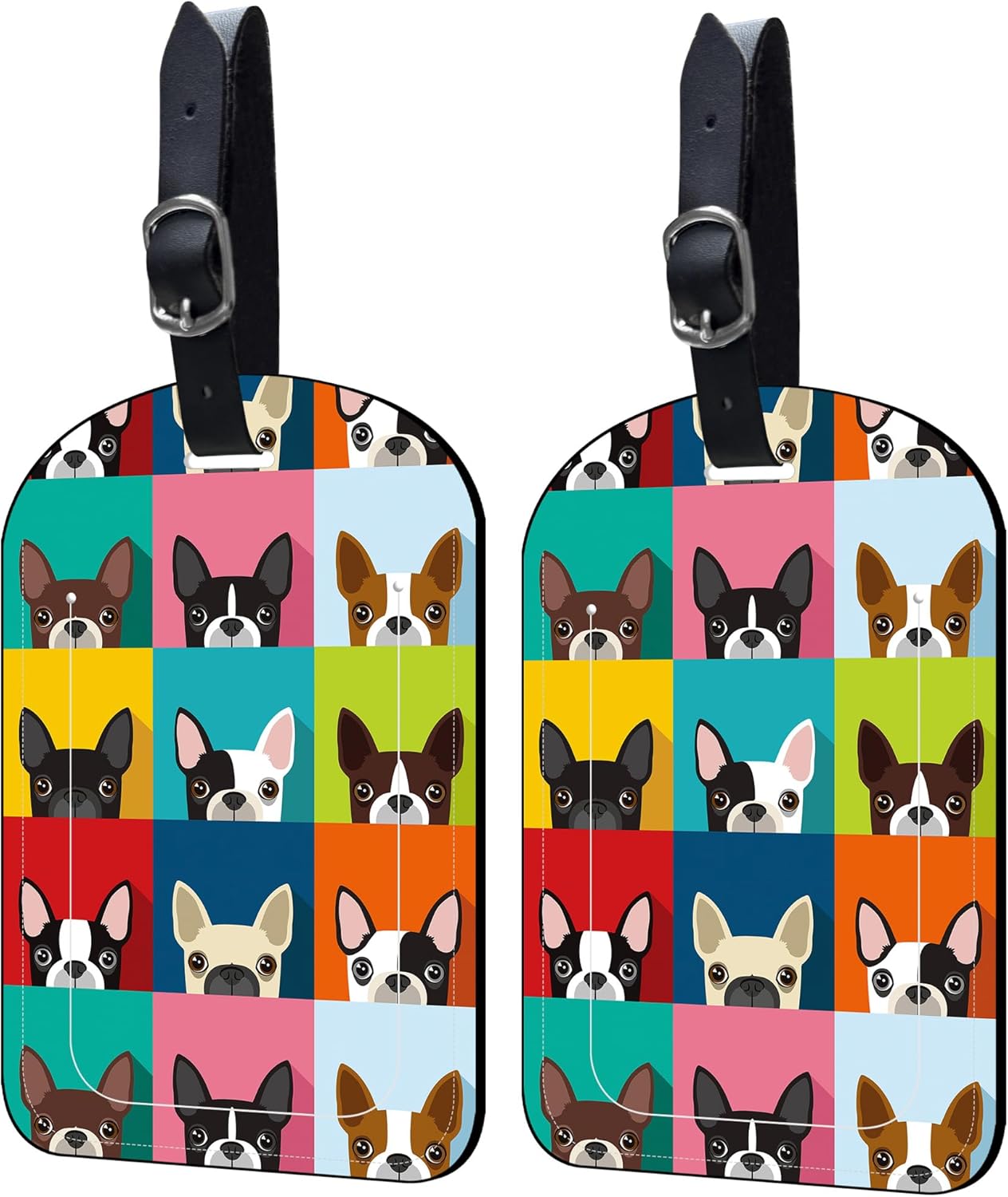 2 Pack Luggage Tags Boston Terrier PU Leather Baggage Handbag Suitcase Tags with Secure Strap Privacy Cover ID Labels,Business Travel Baggage Tag Identifier