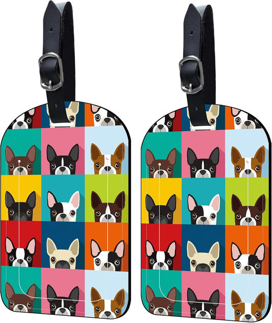 2 Pack Luggage Tags Boston Terrier PU Leather Baggage Handbag Suitcase Tags with Secure Strap Privacy Cover ID Labels,Business Travel Baggage Tag Identifier