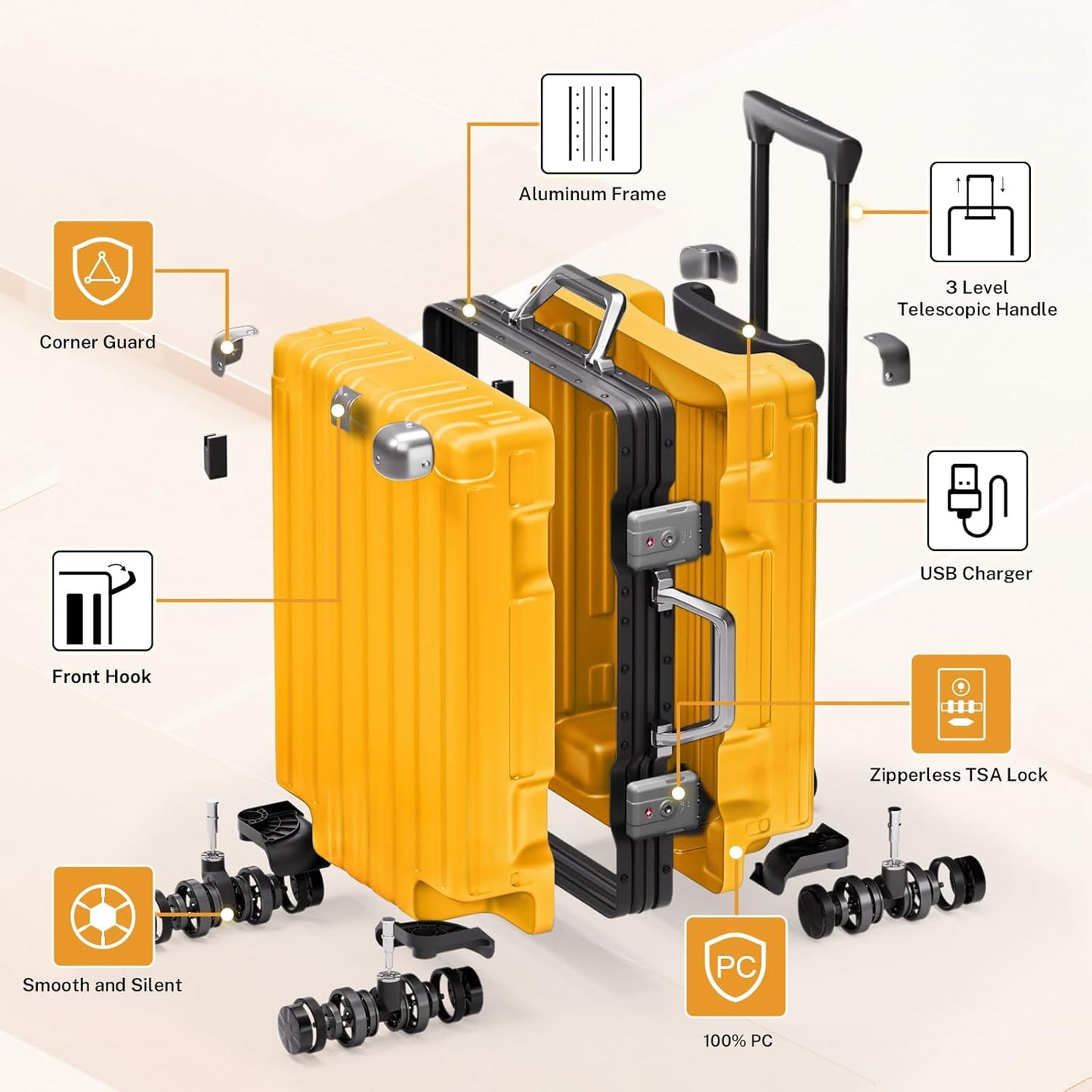 Krute Aluminum Frame Carry On Luggage 20 Inch Zipperless Luggages USB Charger Hardside PC Suitcase With Spinner Wheels Airline Approved Hard Shell Suitcases with TSA Lock (1 Piece)