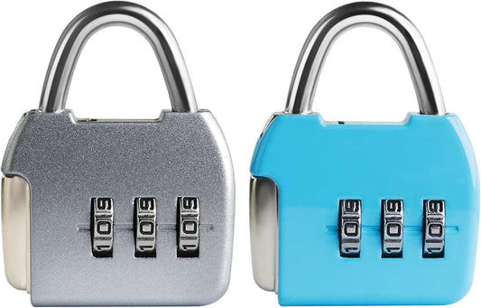 Combo Luggage Locks, 3 Digit Combination Padlock, Travel Safe Pad Lock with Code, Portable Small Zipper Lock for Backpack, Suitcase, Tool Box, Diary, Mini Locker (Silver+Blue, 2-Pack)