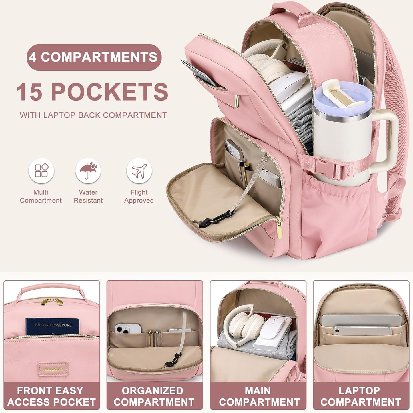 Laptop Backpack for Women Bookbag: 15.6 inch Work School Backpacks with Pouch Pocket for Large Capacity Cup & USB Charger College Book Bag Travel Business Nurse Teacher Bookbags Anti-theft Back Pack