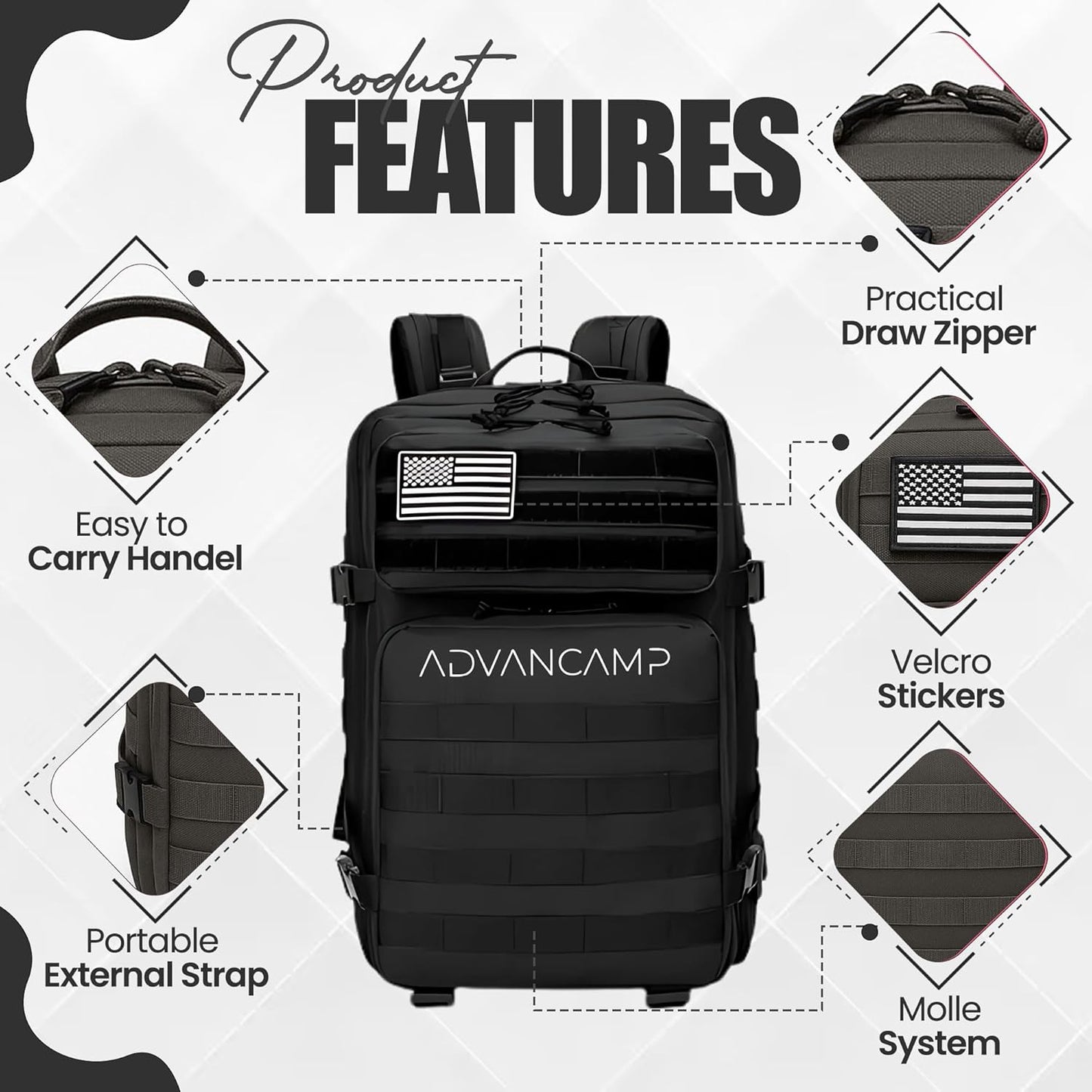 Rucking Backpack for Men, 45L Large Capacity Tactical Military Backpack with Molle Webbing, Durable 900D Oxford Hiking Camping Rucksack