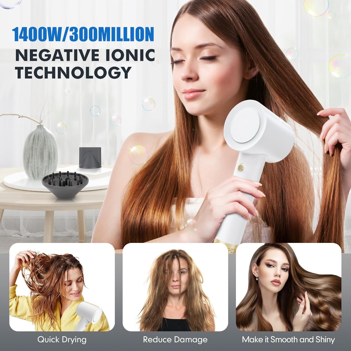 Hair Dryer - Ionic Blow Dryer with Diffuser,112000RPM High Speed Brushless Low Noise Hairdryer, Lightweight/Compact/Mini Design,110V Use for Home/Travel, Suitable for All Hair Types Women, Men