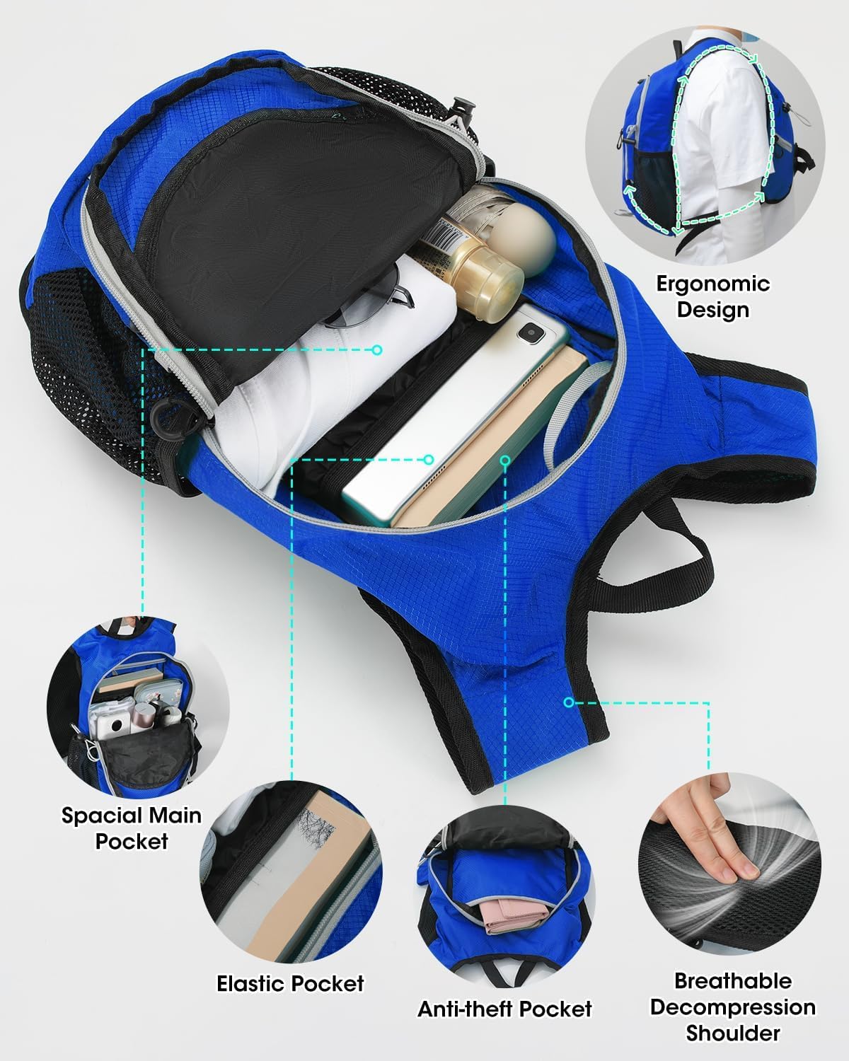 Small Hiking Backpack with Front Phone Holder, Packable Back pack with Chest and Waist Strap, Lightweight Daypack for Women Men