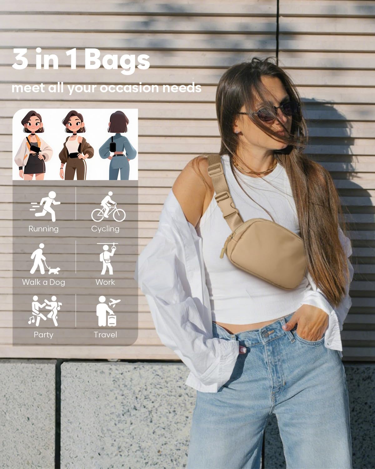 Fanny Packs for Women Cross Body Bag Waterproof Belt Bag with Adjustable Strap and Zipper Back Pocket Small Crossbody Bags Fashion Waist Packs for Workout Travelling(Khaki)
