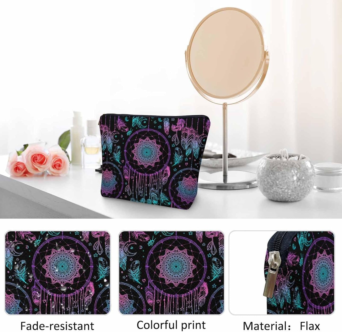 Dream Catcher Cosmetic Travel Bag For Toiletries, Native American Style Dreamcatcher Feathers Makeup Bag Toiletry Bags For Women, Flax Cosmetic Bags Make Up Bag Purse Toiletries Bag