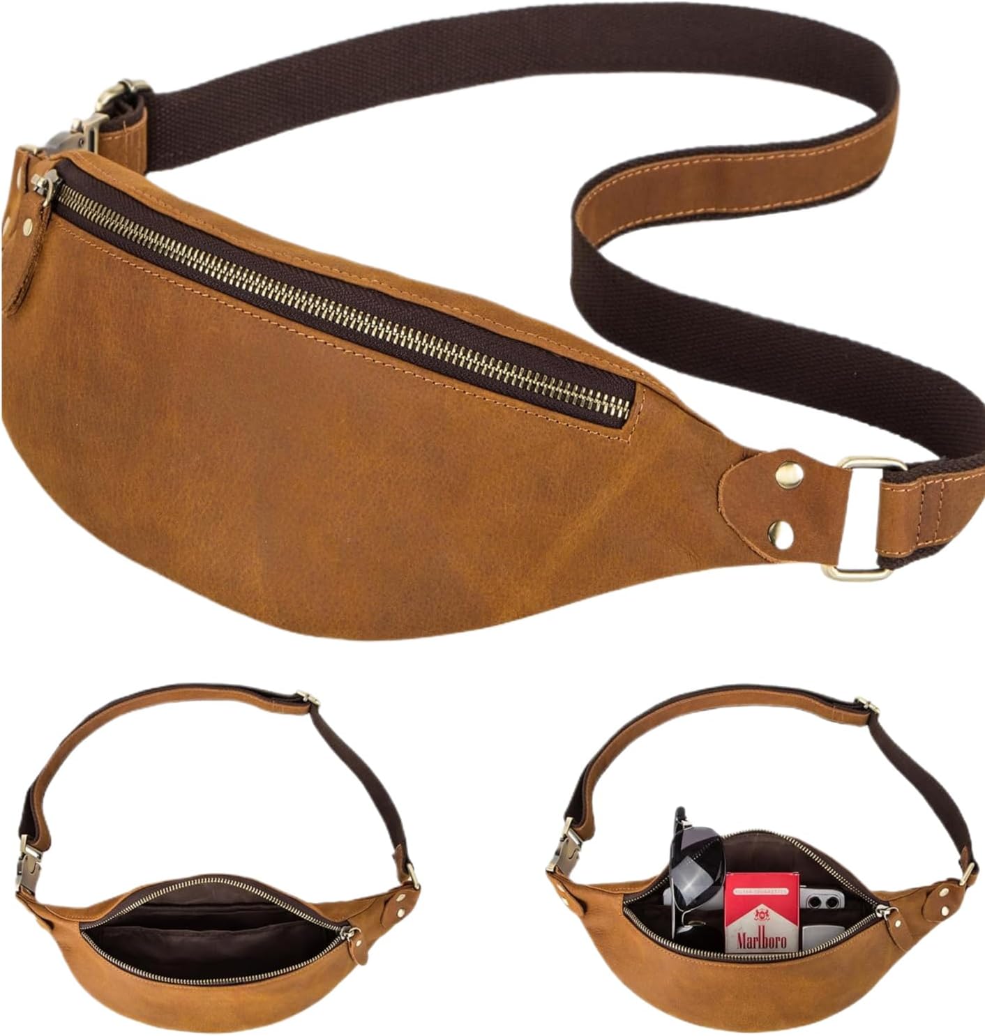 Slim Genuine Leather Waist Pack for Men Women Vintage Crossbody Fanny Pack Travel Riding Detachable Belt Bag (Vintage Brown)