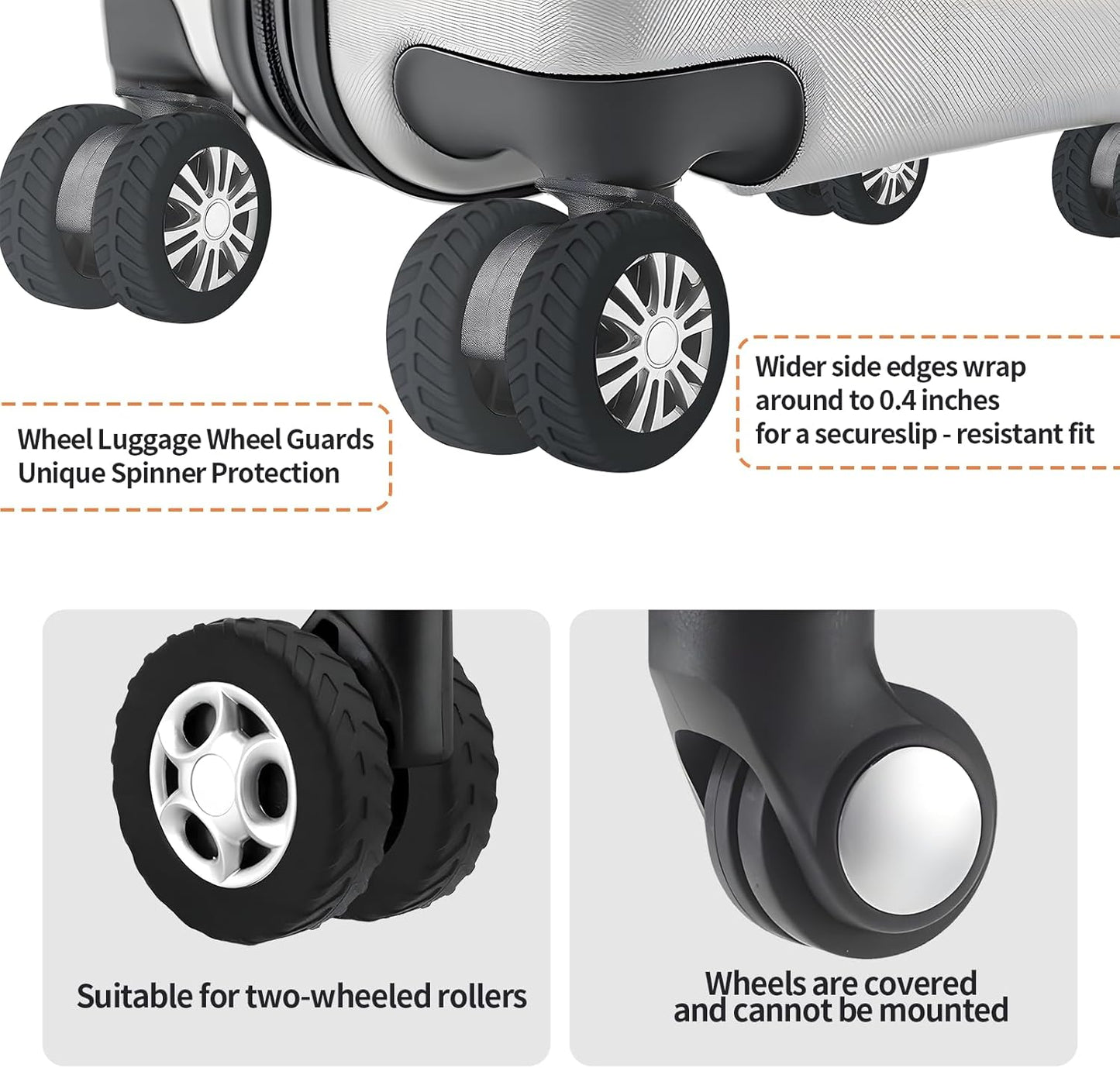 Luggage Wheel Covers for 8 Spinner Wheels – Gray Silicone Protector Set, Anti-Drop & Silent Rolling, Fits 2.1"-2.4" Wheels, 10pcs for Carry-On Suitcases, Travel Luggage, Rolling Cases