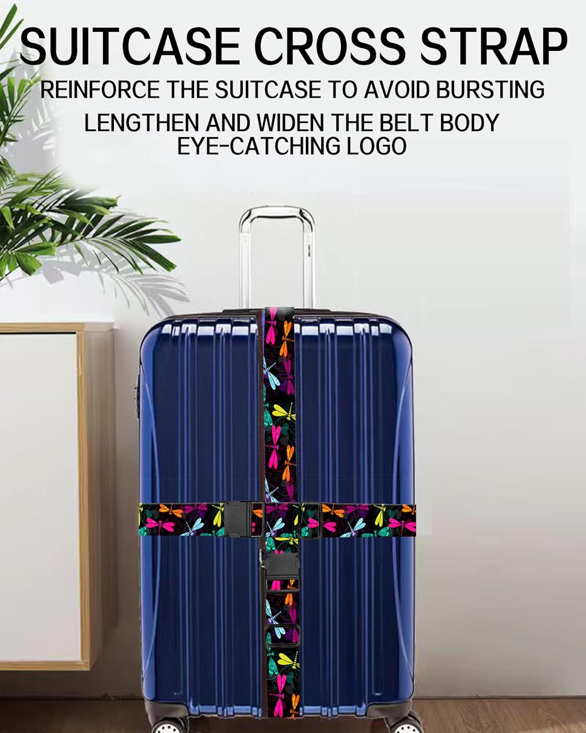 Luggage Straps for Suitcases, Adjustable Travel Belt, Durable Wide Luggage Strap, Cute Suitcase Strap Identifiers with Buckle, Bag Straps for Luggage, Colorful Dragonfly