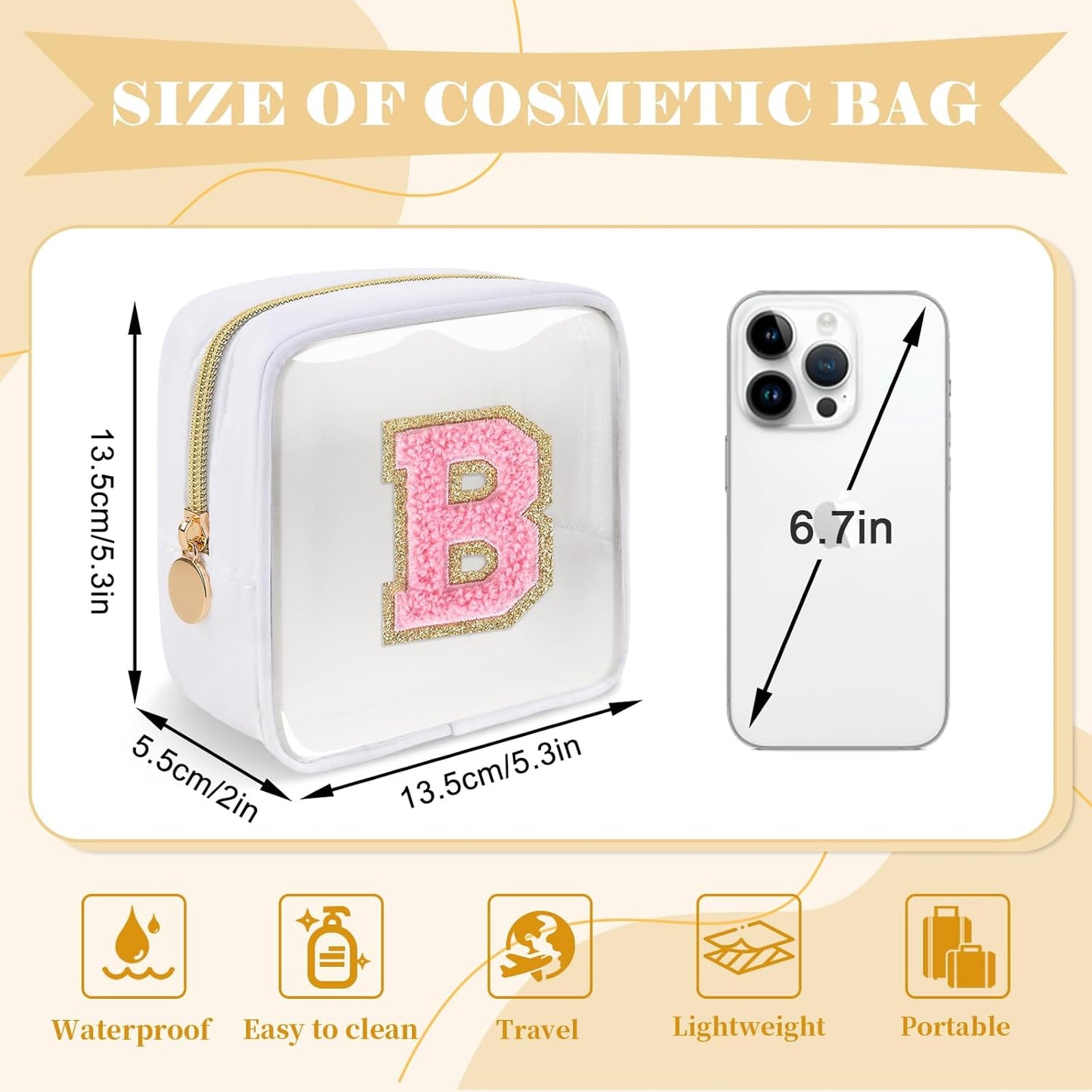 Personalized Initial Letter Clear Preppy Makeup Bag,Mini Nylon Chenille Letter Cosmetic Bag Cute Zipper Pouch Purse for Teen Girls,Portable TSA Approved Beach Travel Essentials Bag Gift for Women,B