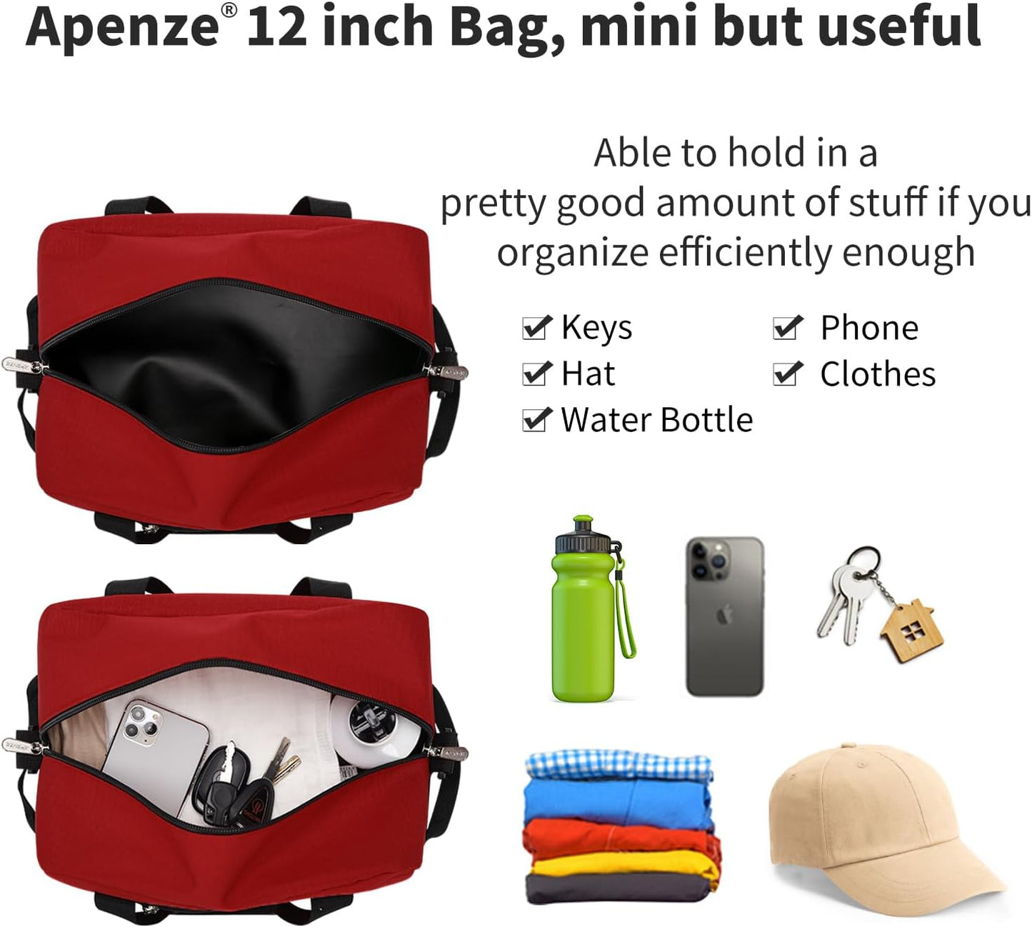 Small Gym Bag Carry On Bag - 12 in Mini Duffle Bag Lightweight for Overnight Travel（Red)