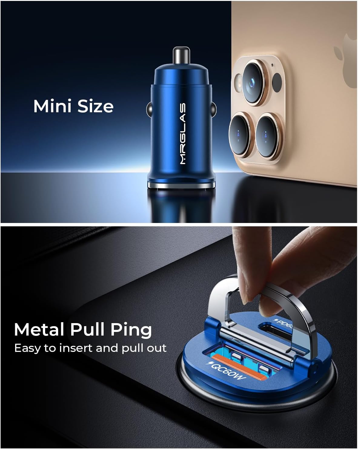 【Upgraded】 125W USB C Car Charger Super Fast Charging for iPhone 16, [PD65W & QC60W][All Metal] MRGLAS Cigarette Lighter Car Charger,Dual Port for iPhone 16 15 Pro iPad Samsung S25 S24 MacBook-Blue