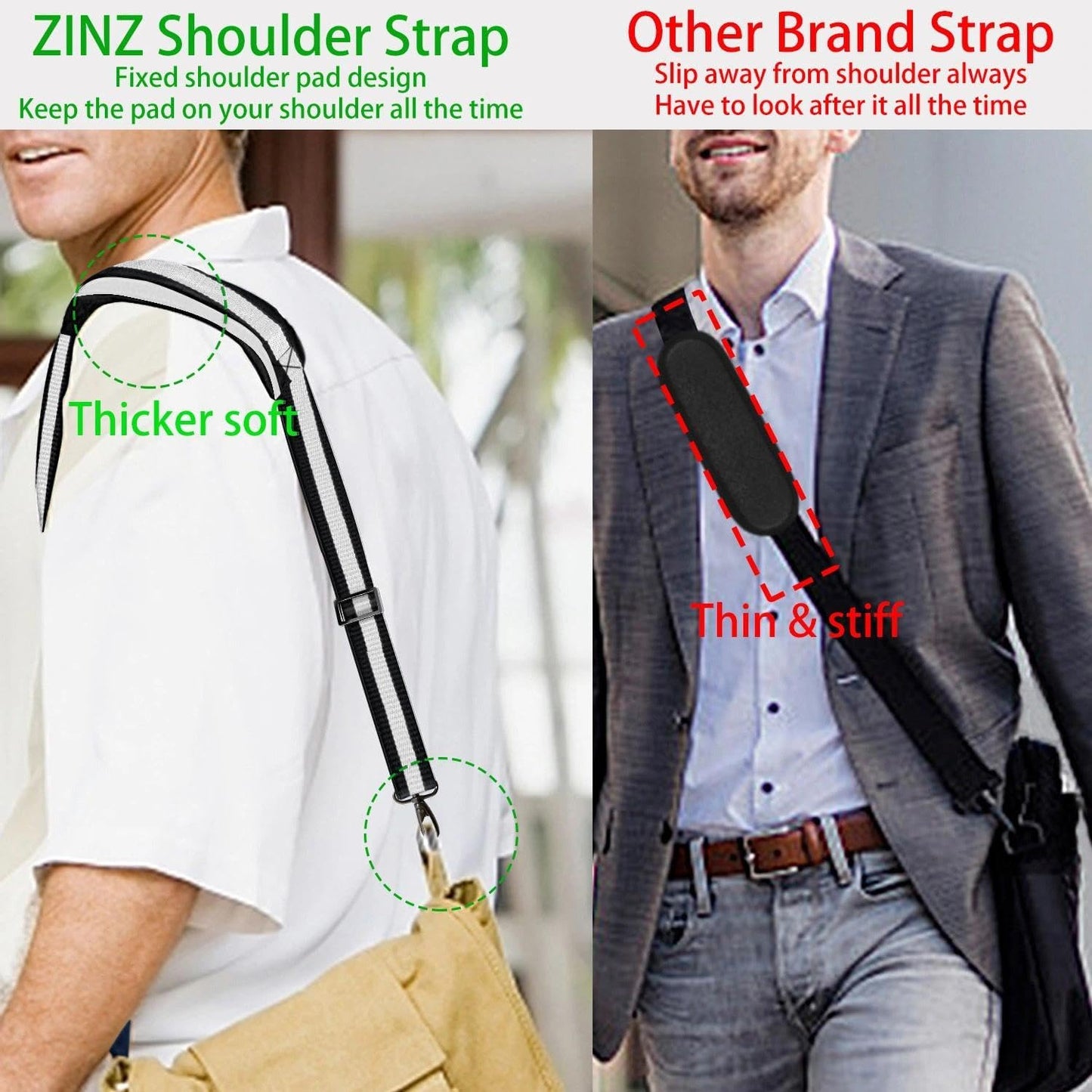 ZINZ Shoulder Strap 58" Ultra-Thick Fixed Padded and Adjustable Buckles Crossbody Strap for Briefcase Laptop Bag Luggage