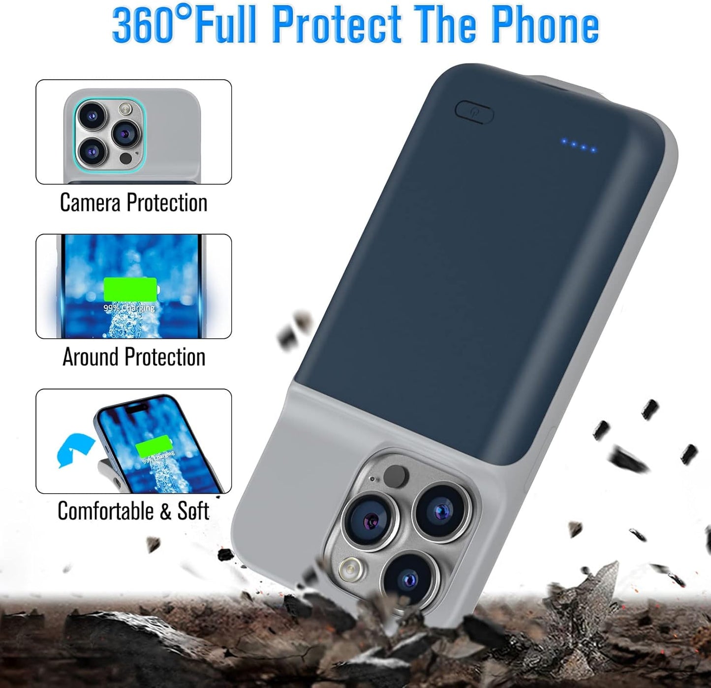 Gladgogo Charging Case for iPhone 14 Pro, Real 7000mAh Powerful Smart Battery Case Charger Cover Rechargeable Extended Battery Pack Compatible with iPhone 14 Pro (6.1 inch) - Blue