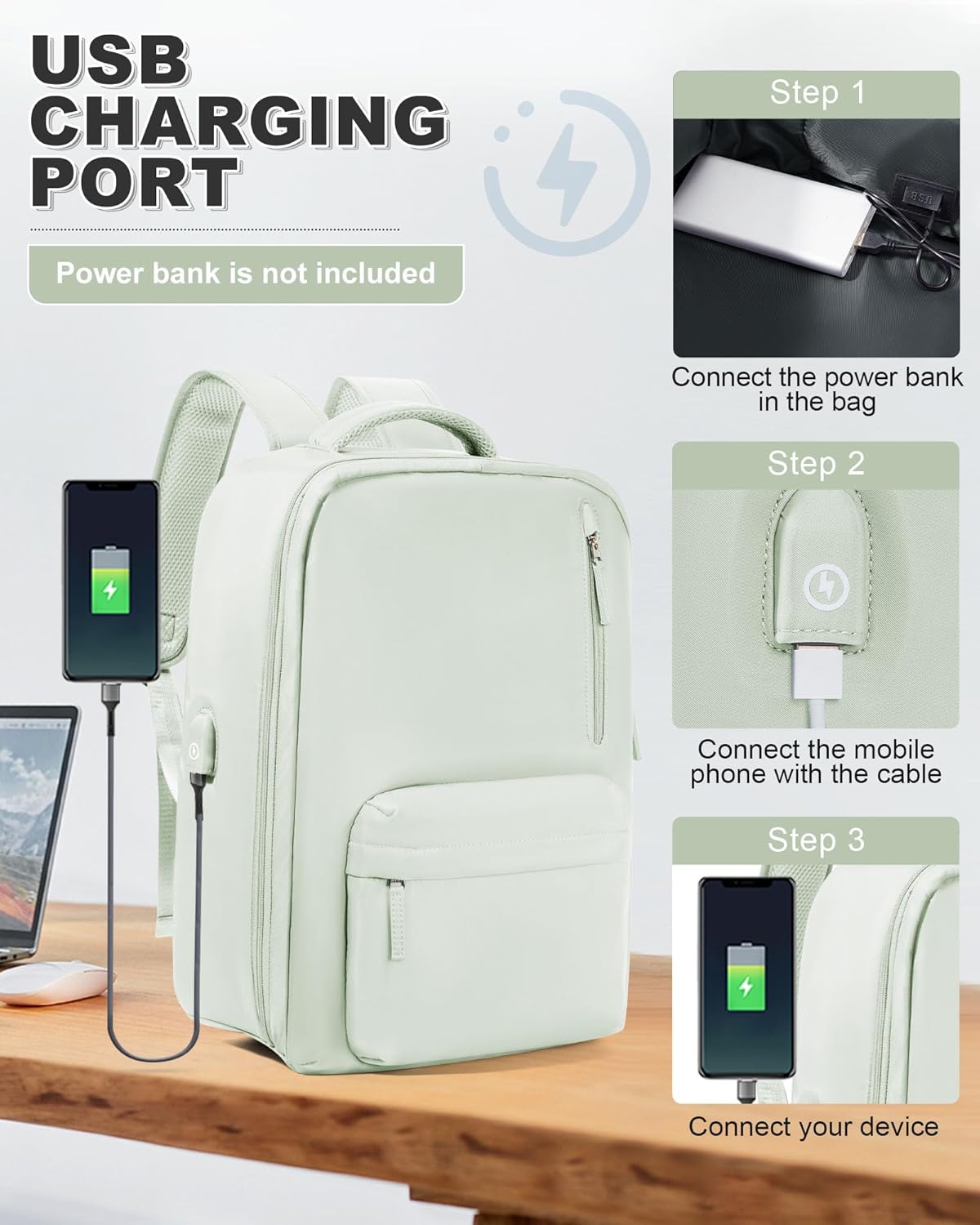 VGCUB Small Travel Backpack with Vacuum System Carry on Storage Compression Personal Item Bags with Electric Pump Work Business Vacpack College Lightweight Backpack for Women Men Mint green