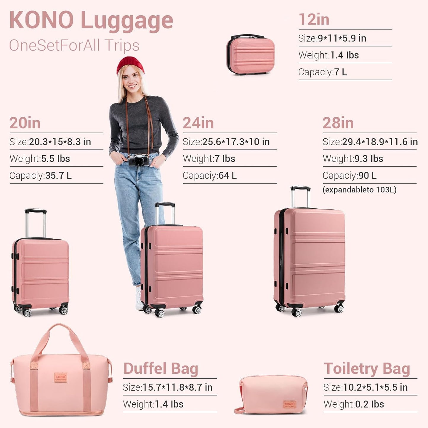 Kono Luggage Sets 3 Piece Set Hardshell Lightweight 12in 20in 24in 28in Carry On Suitcase with Spinner Wheels TSA Lock (Rose Gold,6 piece set)