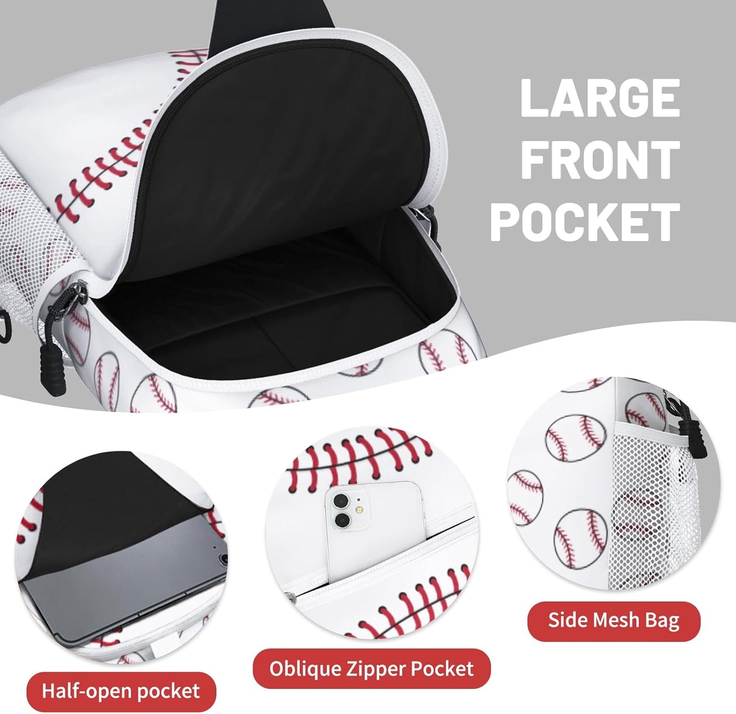 White Baseball Sling Bag Crossbody Chest Bag for Women Men, Water Resistant Lightweight Casual Crossbody Bag with Adjustable Strap, Travel Hiking Daypack Shoulder Backpack