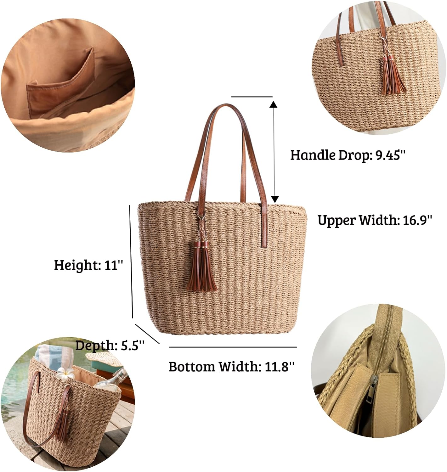 YXILEE Straw Bags For Women | M Size Travel Straw Totes Bag Woven Summer Handmade Shoulder Bag