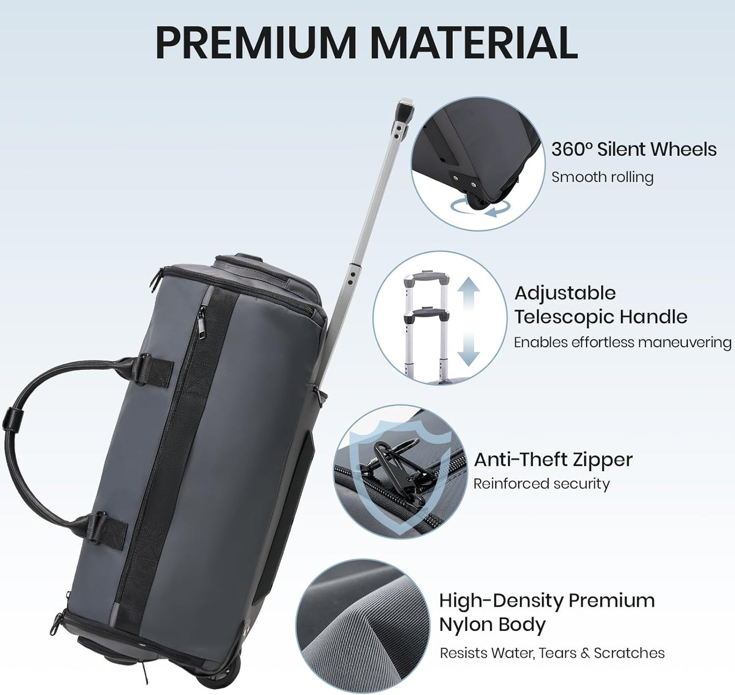 Fanwoli 3-in-1 Rolling Garment Bag for Travel, Wheeled Carry-On Luggage with Shoe Storage & Detachable Organizer, Convertible Duffel Bag for Men Women Business Trips Weekender, Wrinkle-Free (Grey)