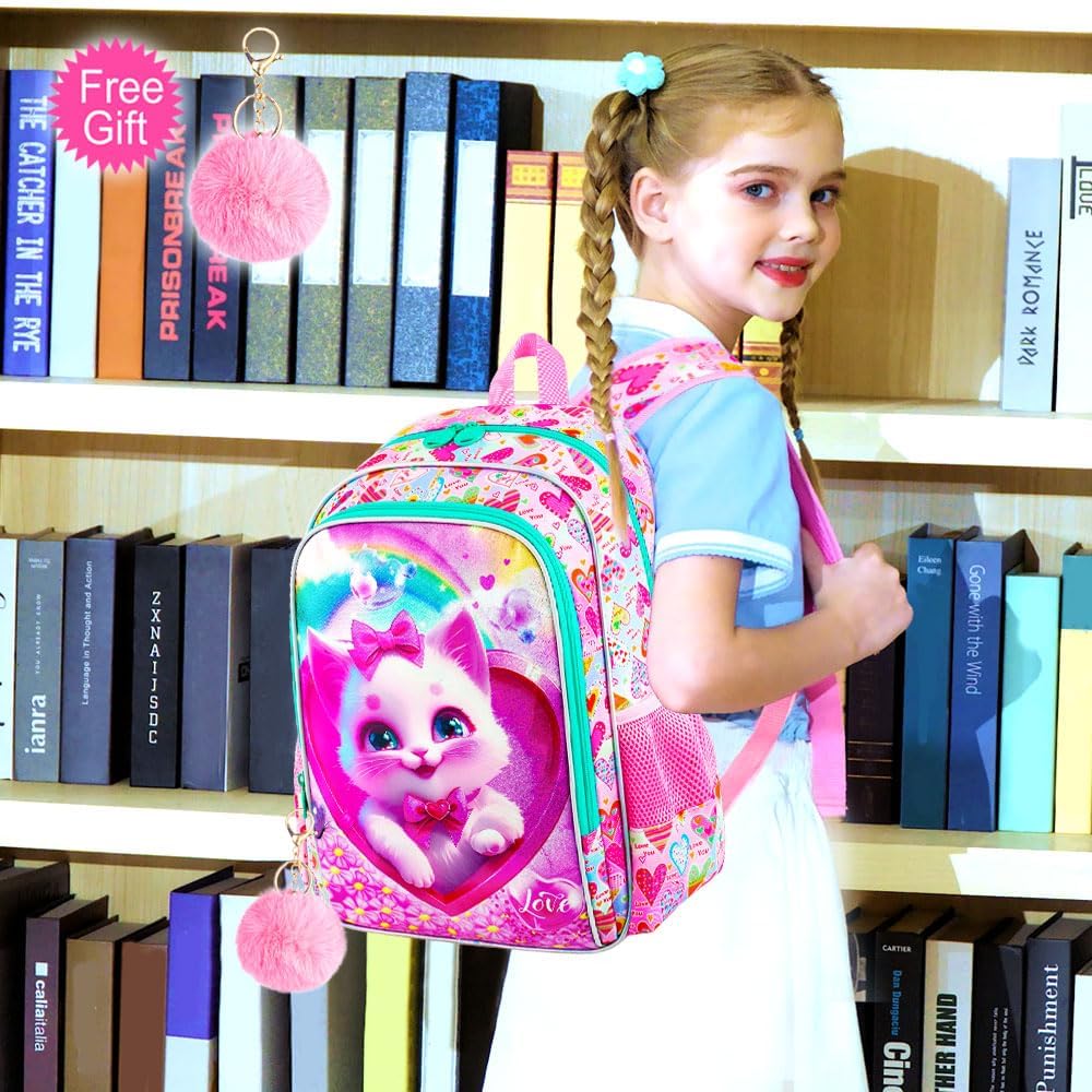 3PCS Girls Backpack, Kids Water Resistant Heart Bookbag Set with Lunch Box, Cute Kids School Bag for Preschool Toddler