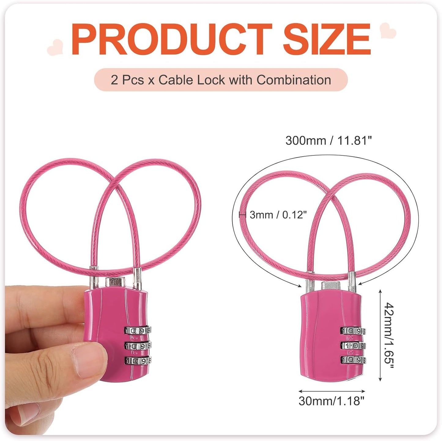 MECCANIXITY 2 Pcs Luggage Travel Lock, 3 Digit Cable Combination Lock 1-3/16" Width Body with 12"
