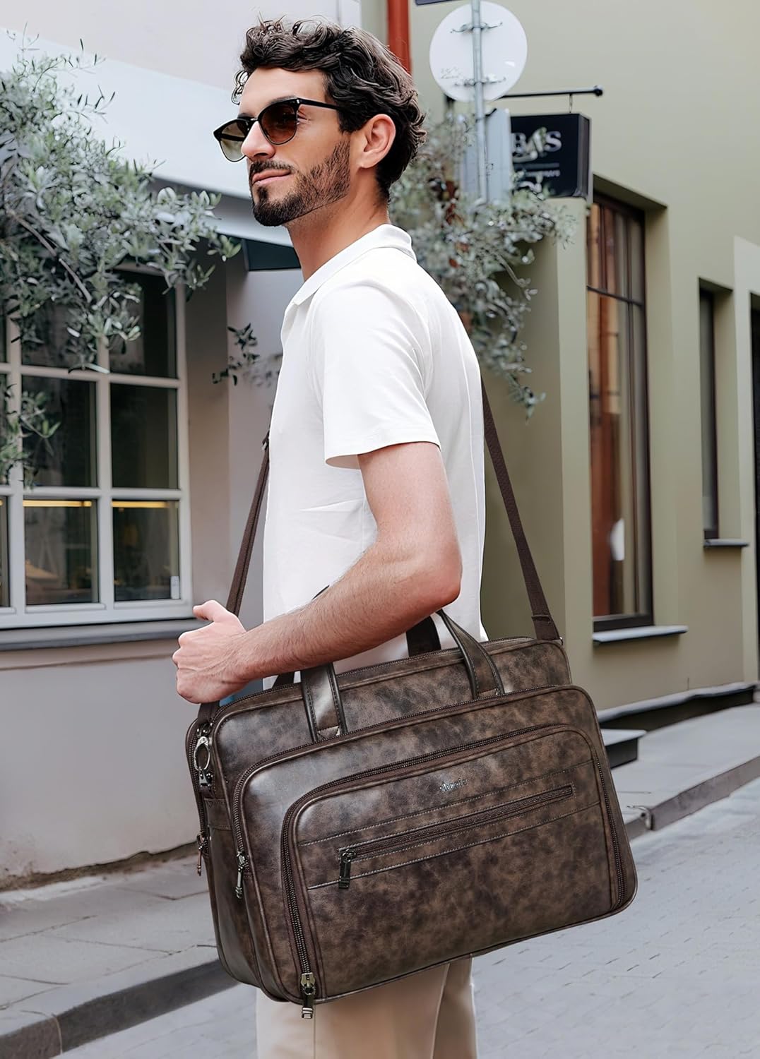 Shrrie Leather Messenger Bag for Men&Women 17 Inch Leather Laptop Bag,Water-Resistant Large Shoulder Satchel Office,Work