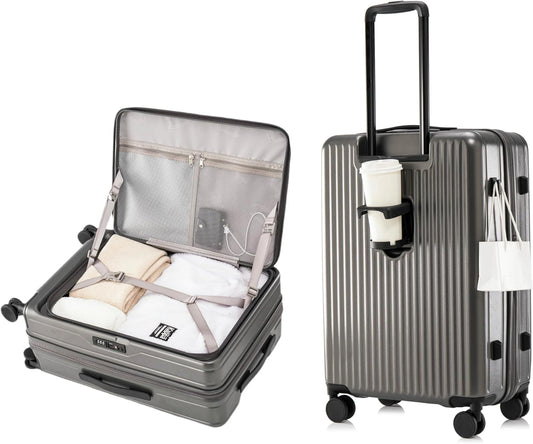 HotWay 24 Inch Expandable Checked Luggage with Cup Holder, Hardside TSA Approved Luggage with Spinner Wheels, Top Opening Suitcase For Travel, Gray