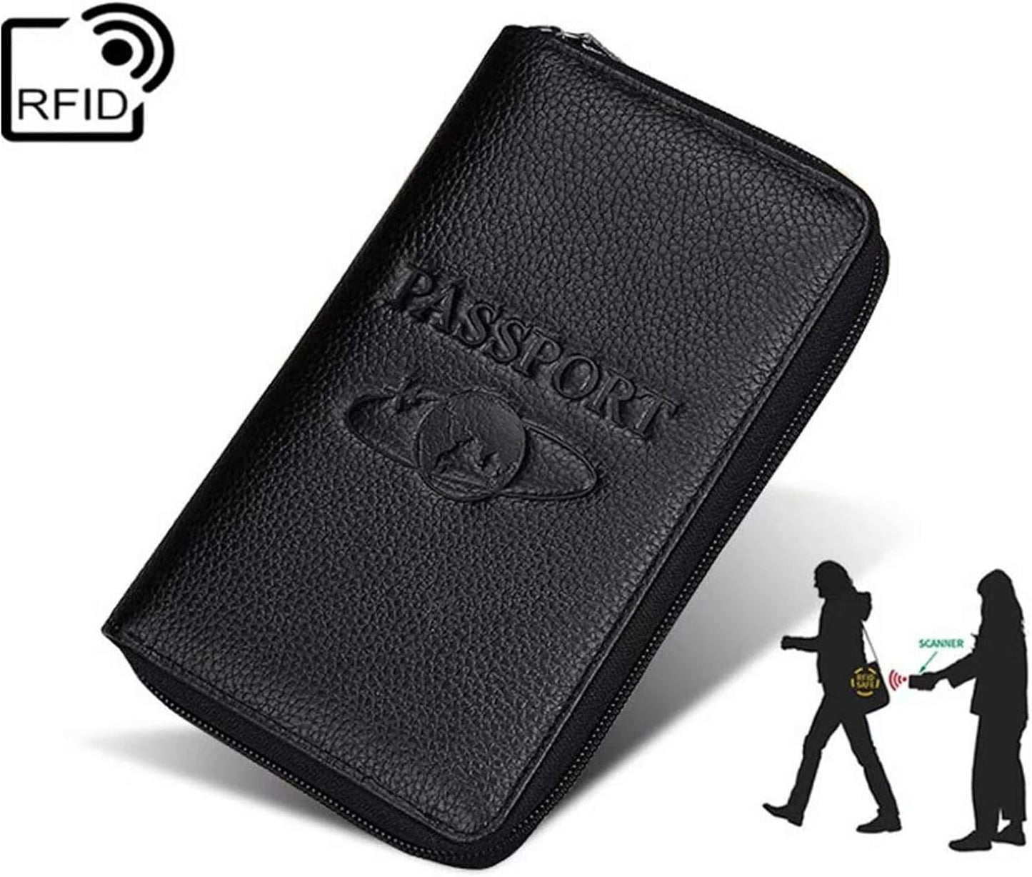Genuine Leather Travel Passport Wallet RFID Blocking Zip-Around Passport Holder (Coffee)