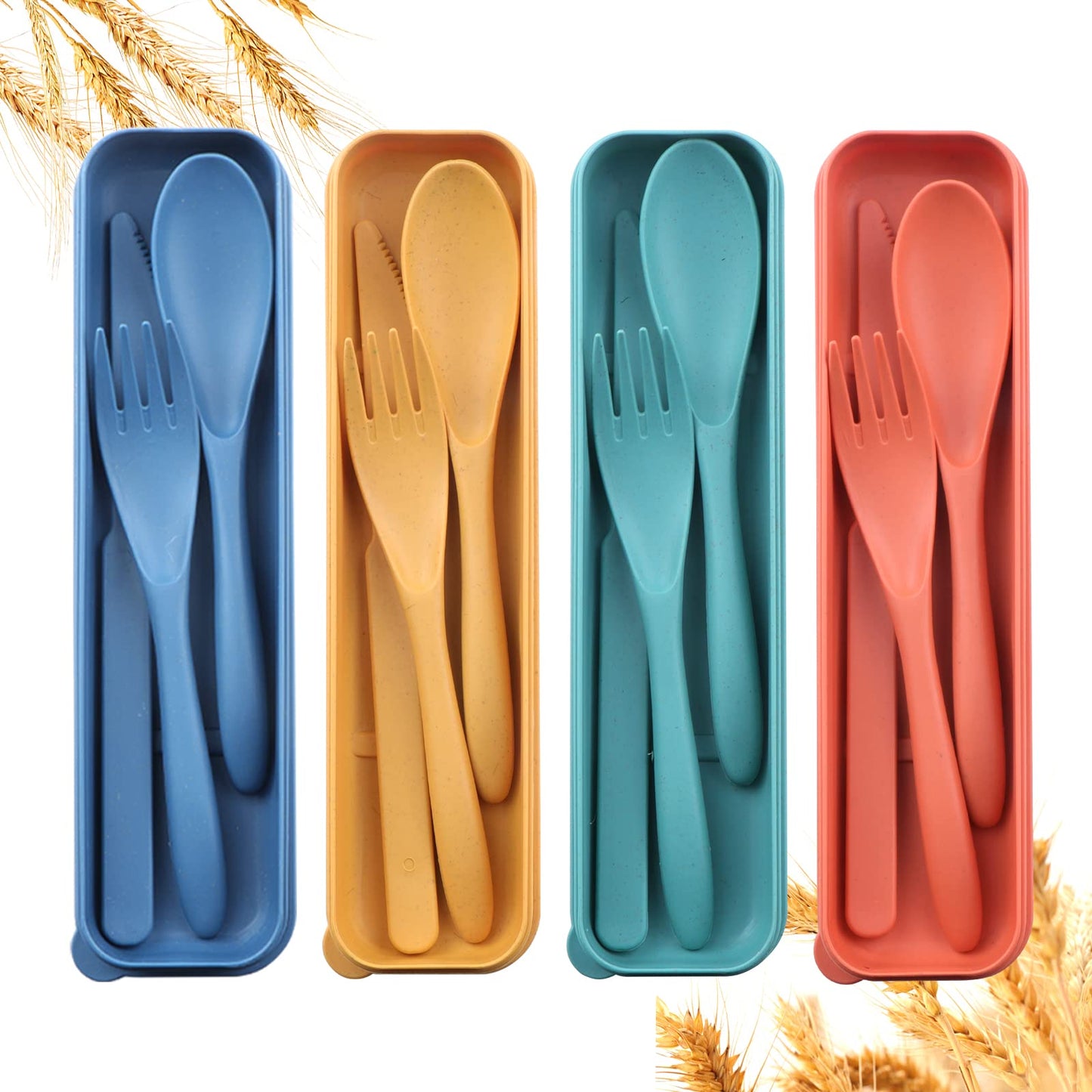 Reusable Travel Utensils Set with Case, 4 Sets Wheat Straw Portable Plastic Fork Spoons Knife