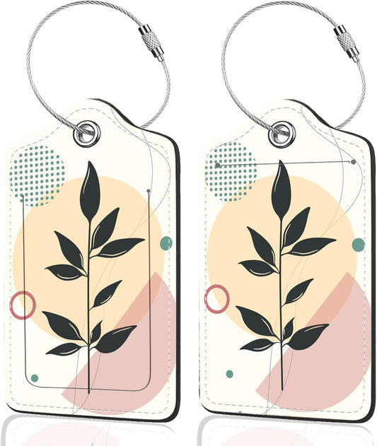 2Pack Luggage Tags for Suitcases, Cute Unique Pu Leather Cruise Luggage Tag with Privacy Cover ID Label Address Card and Metal Ring Suitable for Women Men Kids Travel Bag Abstract Leaf