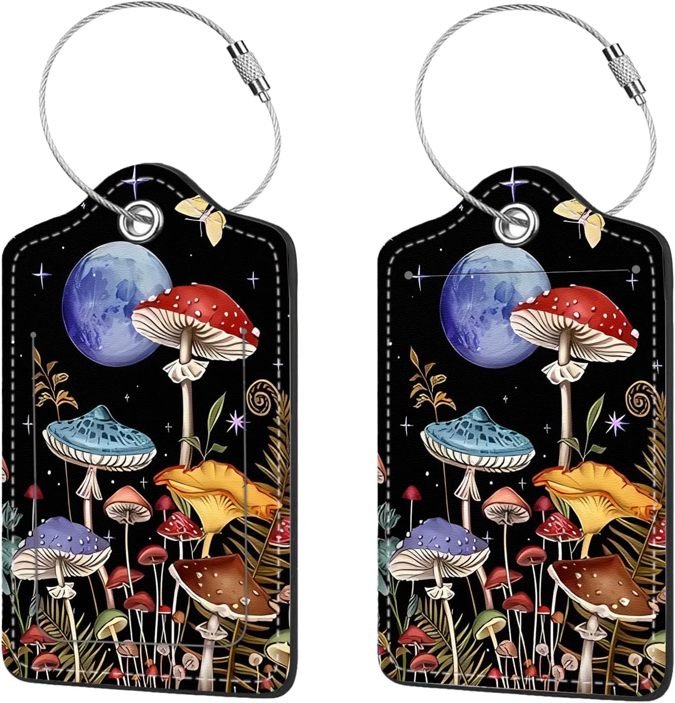 2 Pcs Luggage Tags for Suitcase, Cute Unique PU Leather Travel Bag Tag with Privacy Cover ID Label Address Card and Durable Metal Ring Suitable for Men Women Children Backpack,Mushrooms