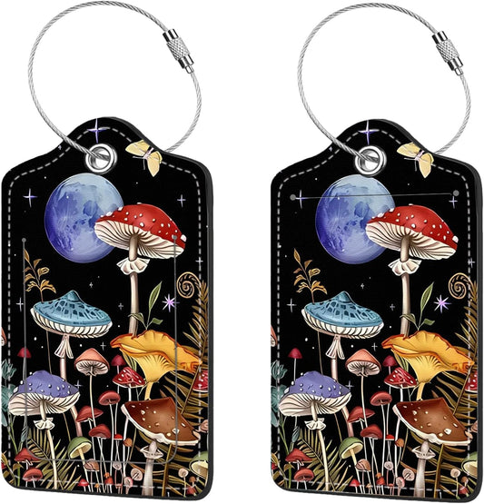 2 Pcs Luggage Tags for Suitcase, Cute Unique PU Leather Travel Bag Tag with Privacy Cover ID Label Address Card and Durable Metal Ring Suitable for Men Women Children Backpack,Mushrooms