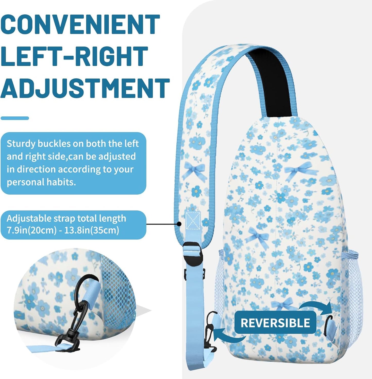 Blue Floral Sling Bag Crossbody Chest Bag for Women Men, Water Resistant Lightweight Casual Crossbody Bag with Adjustable Strap, Travel Hiking Daypack Shoulder Backpack